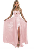 Vestido de fiesta de satén metálico brillante con abertura para mujer, vestido formal de noche plisado con cuello halter 
