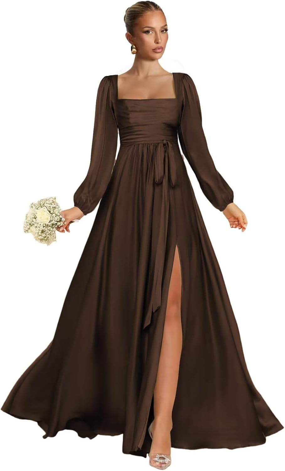 Satin Bridesmaid Dresses with Slit Long Sleeve Square Neck A Line Maxi Formal Dress