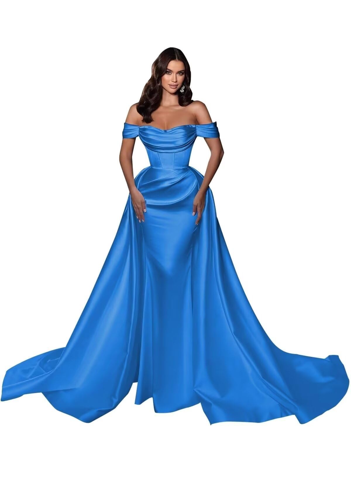 Mermaid Satin Prom Dresses for Women 2027 Long Off Shoulder Ruched Corset Formal Evening Dress Detachable Train