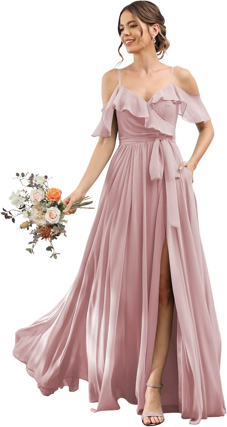 Women's Bridesmaid Dresses with Slit Long Cold Shoulder Chiffon Formal Party Dress with Pockets