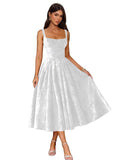 Jacquard Satin Prom Dresses 2026 Floral Square Neck Tea Length Ruched Elegant Formal Ball Gown with Pockets