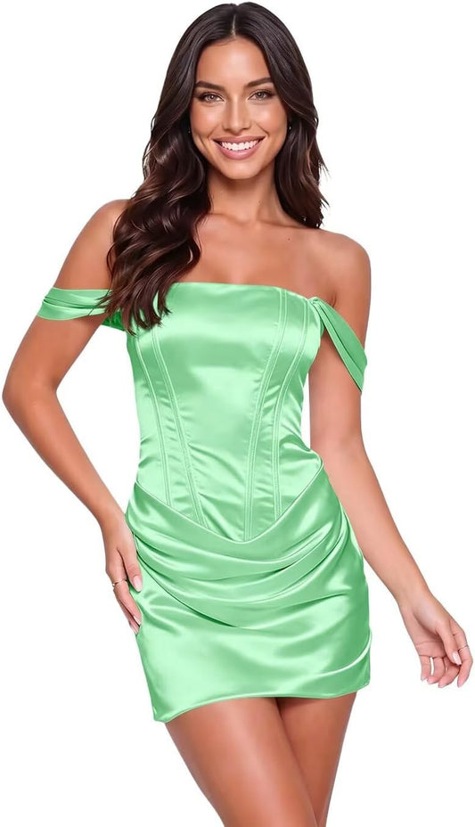 Off Shoulder Satin Homecoming Dresses for Teens 2026 Short Prom Dress Tight Short Cocktail Dress Party Club Gowns