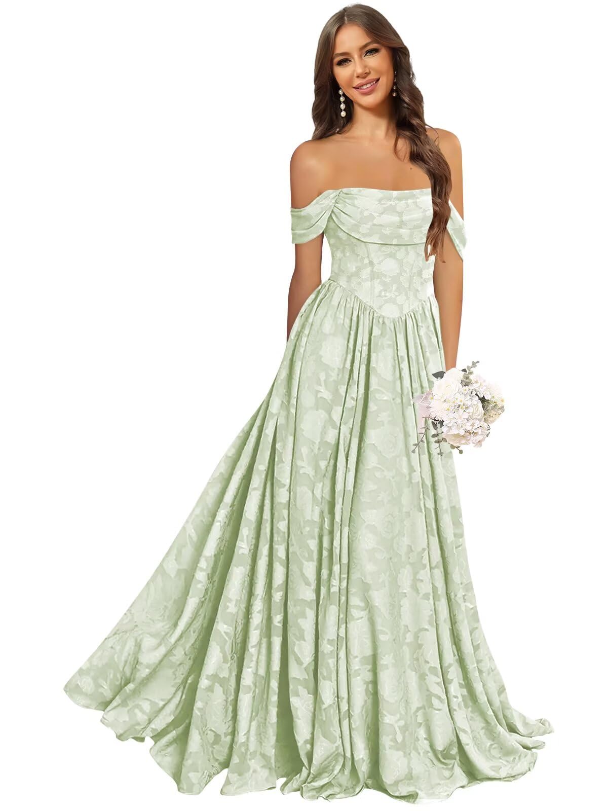 Jacquard Chiffon Bridesmaid Dresses Long Off The Shoulder Formal Evening Dress for Women