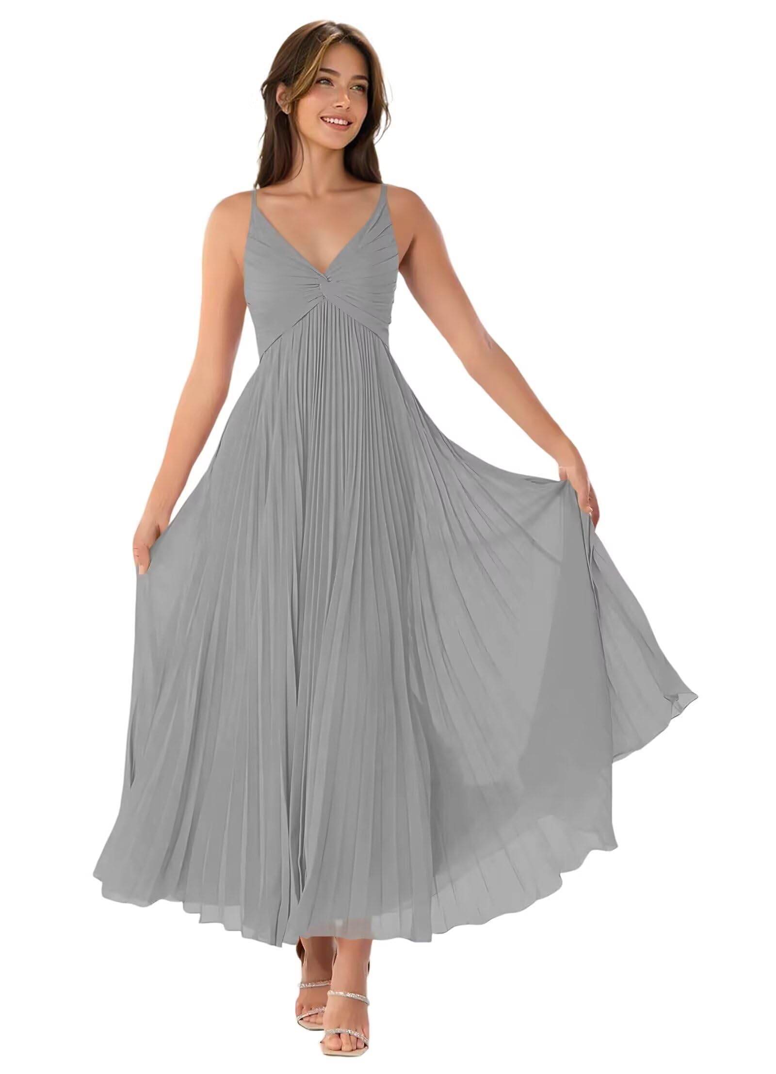 V-Neck Pleated Bridesmaid Dresses for Women Chiffon Spaghetti Straps Pleates Long Formal Wedding Guest Dress
