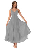 V-Neck Pleated Bridesmaid Dresses for Women Chiffon Spaghetti Straps Pleates Long Formal Wedding Guest Dress
