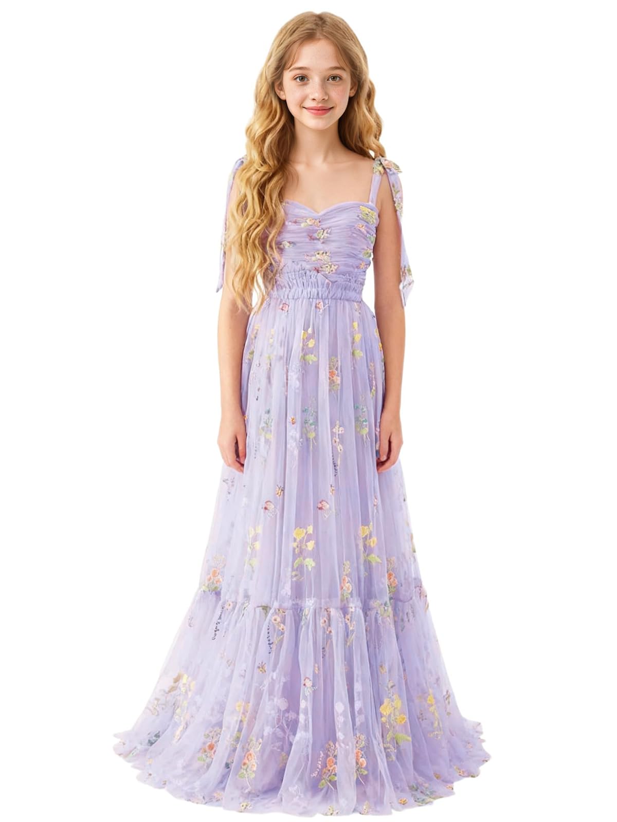 Floral Embroidered Tulle Flower Girl Dress Sweetheart Junior Bridesmaid Dresses Tiered Ruffled Formal Party Prom Gown