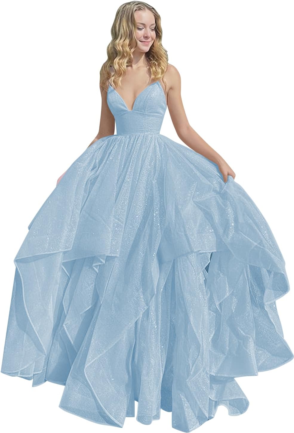 Women's Sparkly Tulle Prom Dress 2023 Long Ball Gown Spaghetti Straps Quinceanera Dress