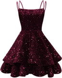 Spaghetti Straps Sequin Homecoming Dresses for Teens Sparkly Tiered Short Prom Dress 2026 Mini Cocktail Party Gown