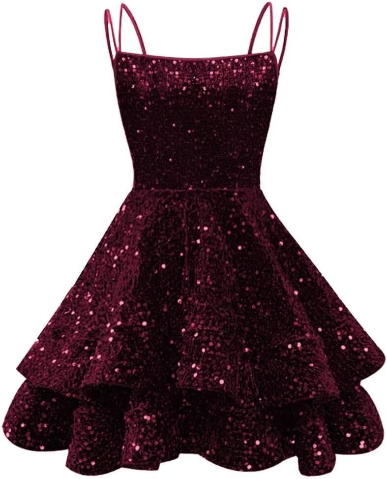 Spaghetti Straps Sequin Homecoming Dresses for Teens Sparkly Tiered Short Prom Dress 2026 Mini Cocktail Party Gown