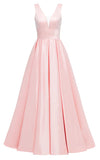 Glitter Satin Prom Dresses for Women Long V Neck A-Line Pleated Formal Evening Party Gowns with Pockets