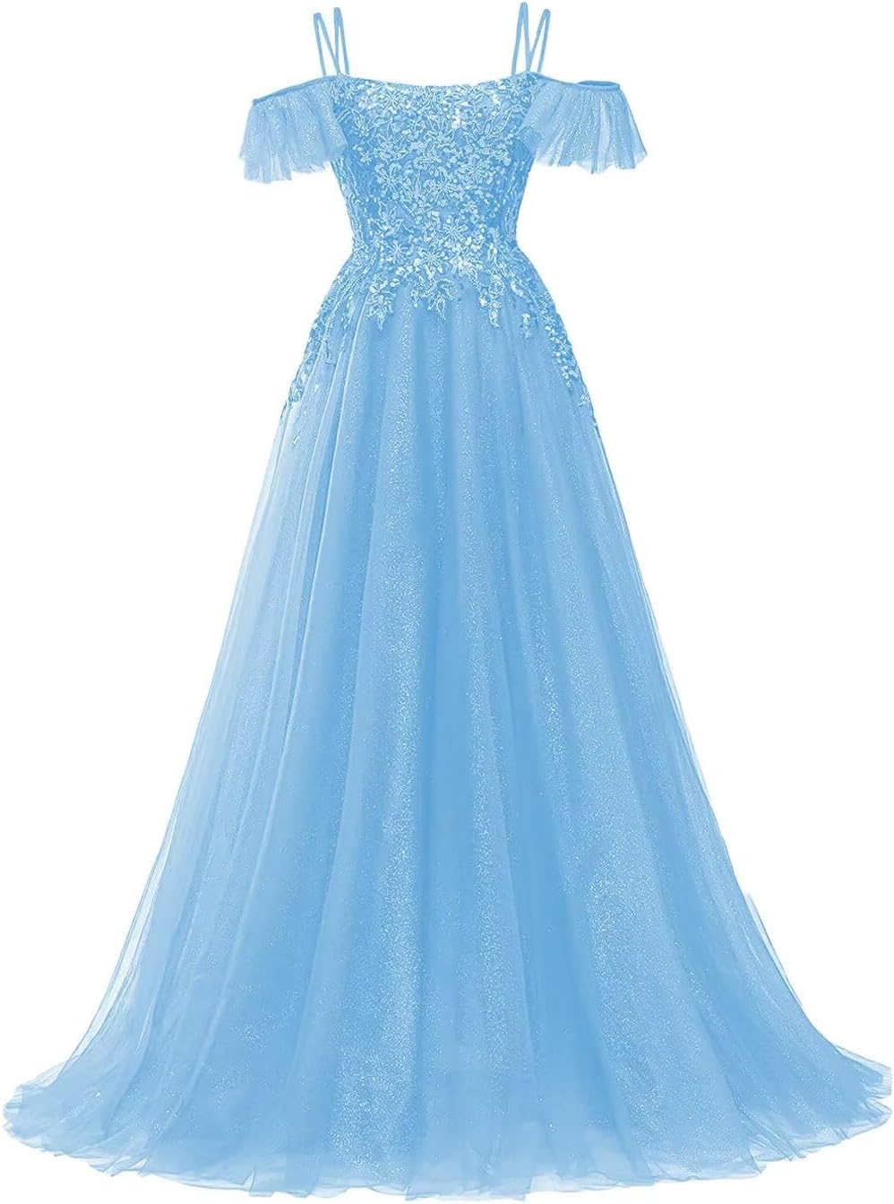 Off Shoulder Tulle Ball Gowns for Women Lace Appliques Beaded Prom Dress Sparkly Long A-line Evening Gowns