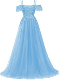 Off Shoulder Tulle Ball Gowns for Women Lace Appliques Beaded Prom Dress Sparkly Long A-line Evening Gowns