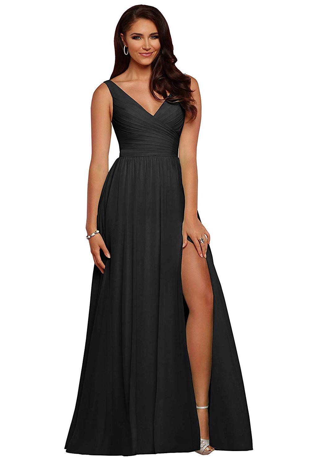 V Neck Chiffon Bridesmaid Dresses for Wedding 2027 Long Pleated Sleeveless Formal Prom Evening Gowns with Slit