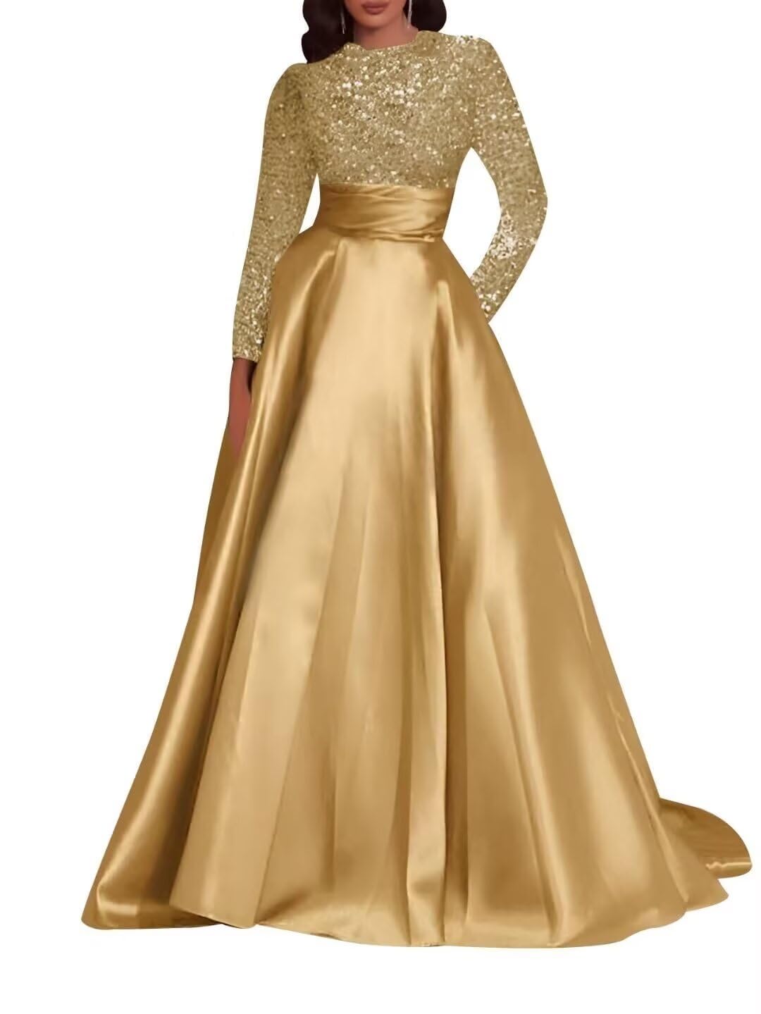 Kingbridal Gowns Long Sleeve Sequin Prom Dresses for Women Satin A-line Formal Dress 2026 Sparkly Evening Party Gowns with Pockets