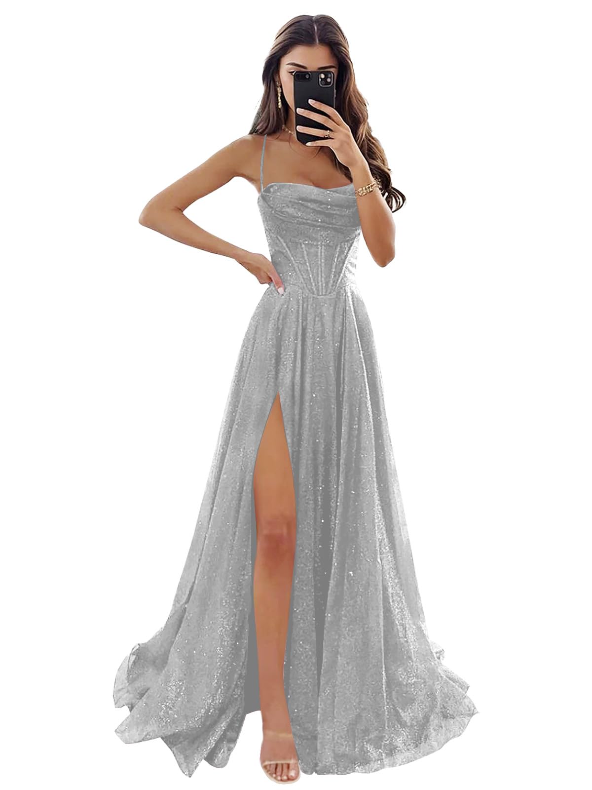 Women's Spaghetti Straps Glitter Tulle Prom Dress with Slit Cowl Neck Long Evening Formal Party Gown