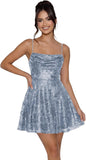 Sequin Prom Dresses 2026 for Teens Spaghetti Straps Cowl Neck Short Cocktail Party Dress