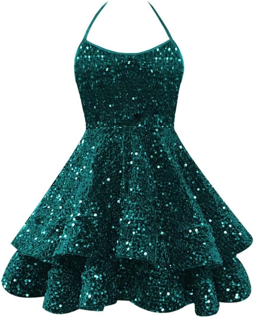 Sparkly Sequin Homecoming Dresses 2026 Spaghetti Straps Tiered Prom Dresses for Teens Short Cocktail Party Gowns