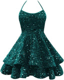 Sparkly Sequin Homecoming Dresses 2026 Spaghetti Straps Tiered Prom Dresses for Teens Short Cocktail Party Gowns