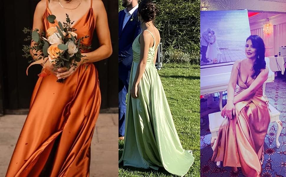 Lange Brautjungfernkleider für Frauen, formelle Satin-Spaghettiträger, Abschlussball- und Abendkleider 