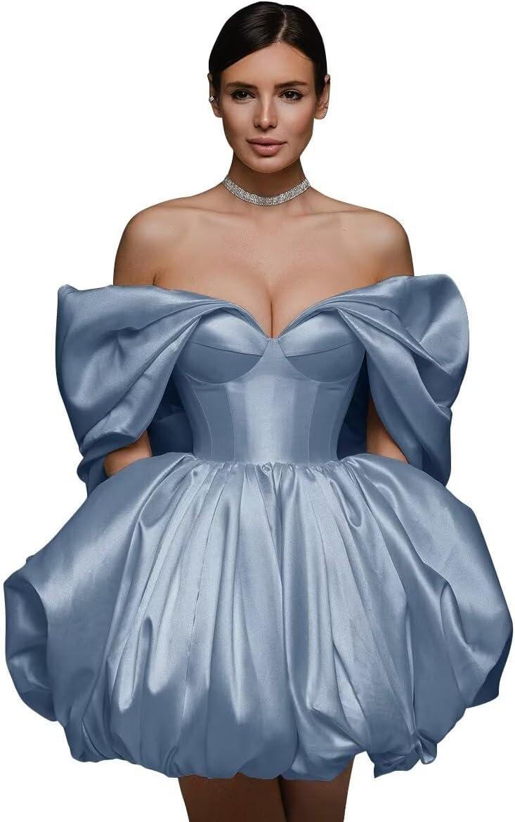 Off The Shoulder Short Wedding Dresses for Bride Puffy Satin Bridal Dresses w/Pockets Strapless Formal Ball Gowns