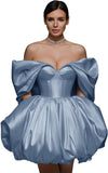 Off The Shoulder Short Wedding Dresses for Bride Puffy Satin Bridal Dresses w/Pockets Strapless Formal Ball Gowns