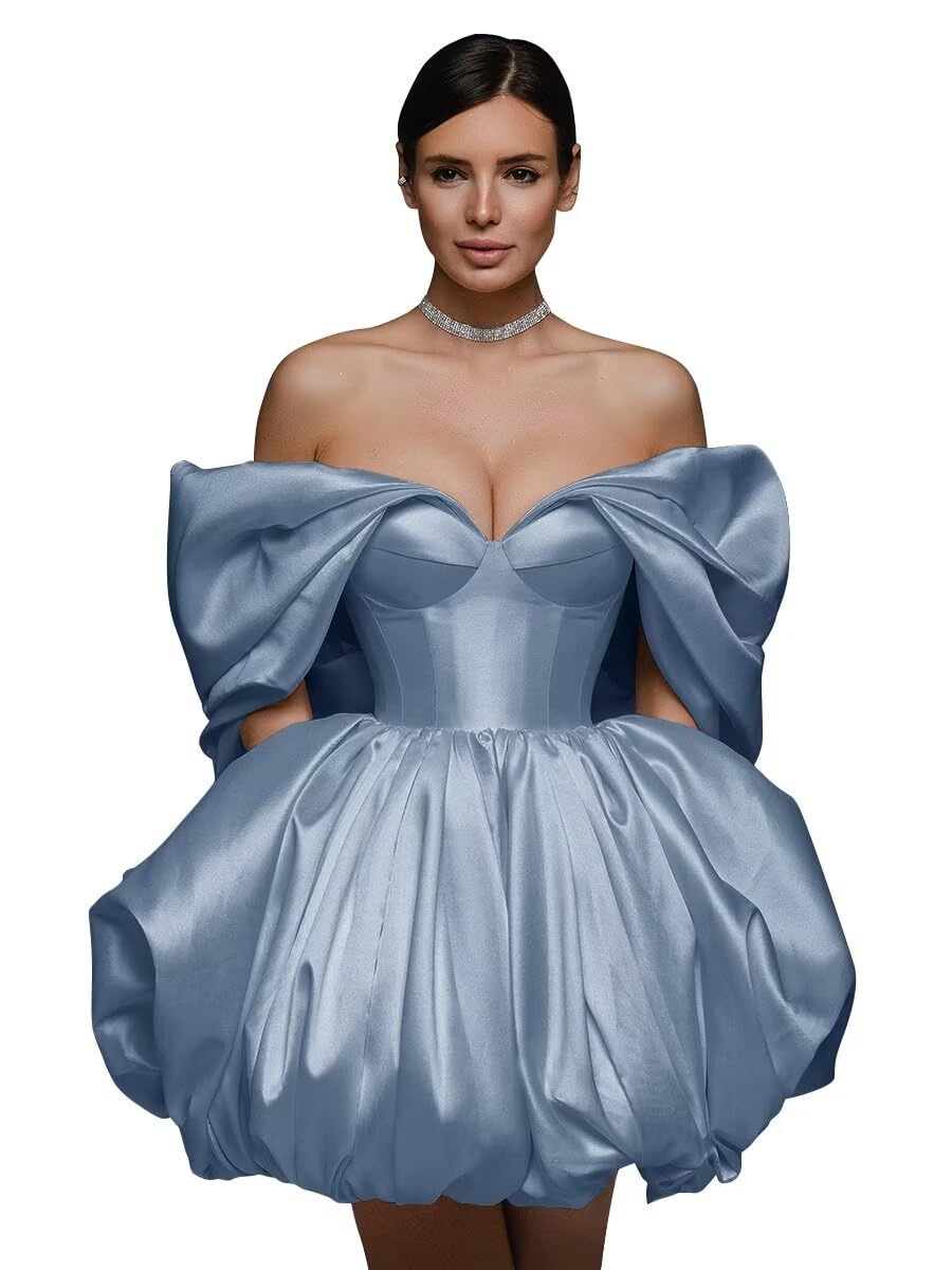 Off The Shoulder Short Wedding Dresses for Bride Puffy Satin Bridal Dresses w/Pockets Strapless Formal Ball Gowns