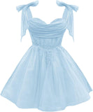 Tulle Short Homecoming Dress for Teens Sparkly Lace DAMA Dresses for Quinceanera Spaghetti Straps Bow Prom Gown