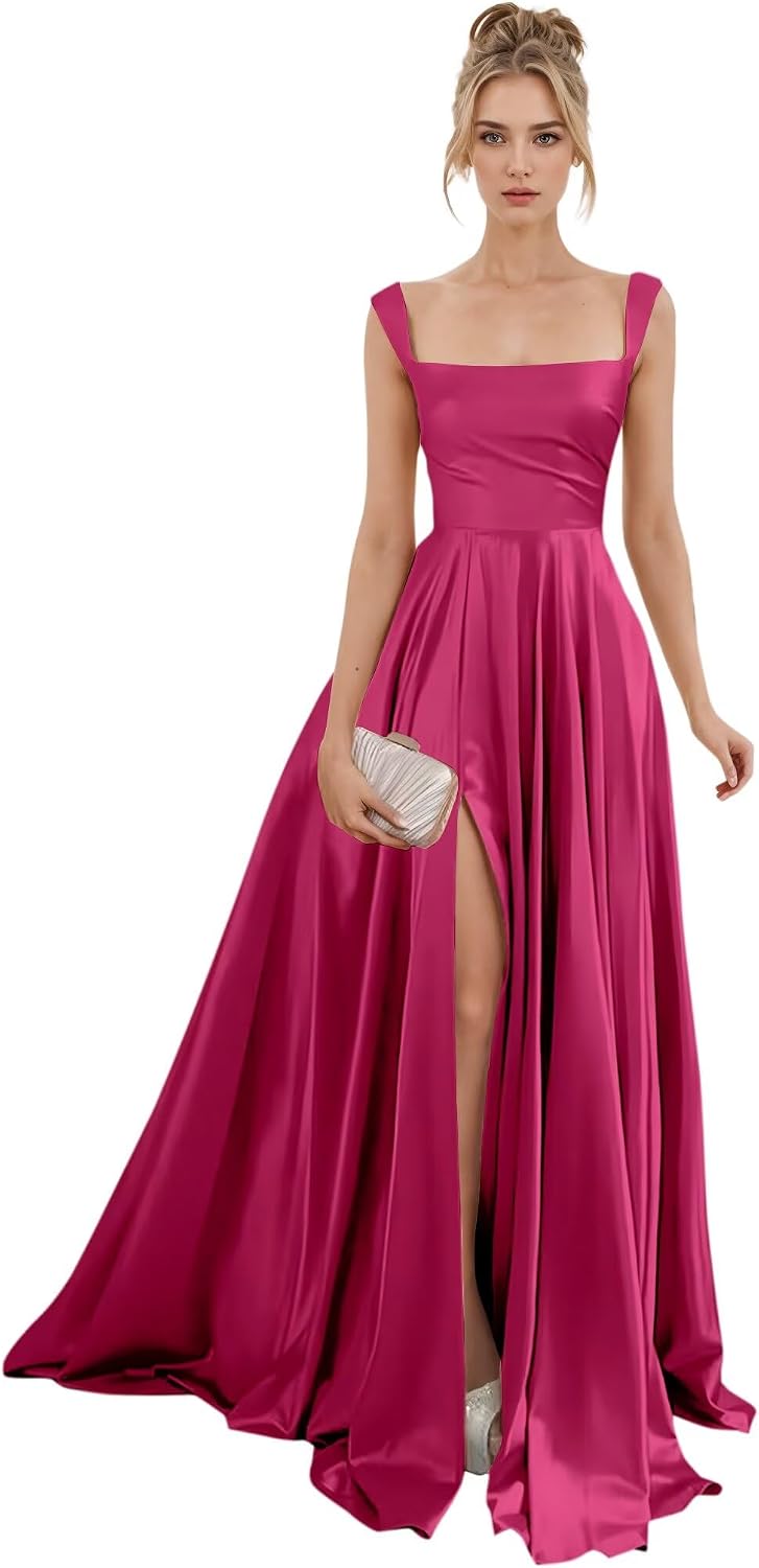 Spaghetti Straps Satin Bridesmaid Dresses for Women Long A-Line Square Neck Formal Evening Party Gown with Slit
