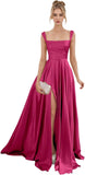 Spaghetti Straps Satin Bridesmaid Dresses for Women Long A-Line Square Neck Formal Evening Party Gown with Slit