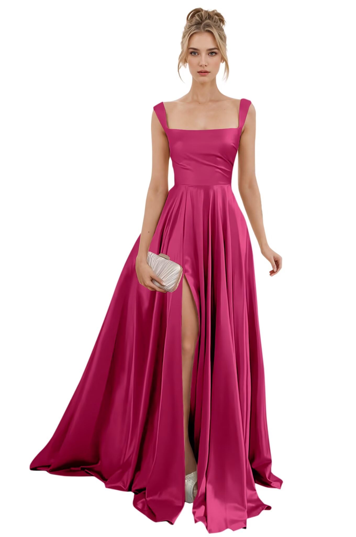 Spaghetti Straps Satin Bridesmaid Dresses for Women Long A-Line Square Neck Formal Evening Party Gown with Slit