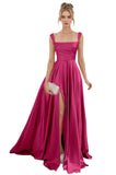 Spaghetti Straps Satin Bridesmaid Dresses for Women Long A-Line Square Neck Formal Evening Party Gown with Slit