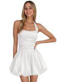 Satin Halter Homecoming Dresses for Teens Short Prom Dress 2027 Flower Bud Ruched Formal Cocktail Gown with Pockets