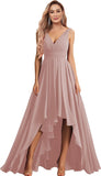 Vestidos de dama de honor con escote en V para mujer, para boda, con bolsillos, de gasa fruncida, largos, formales, para fiesta de graduación y noche.