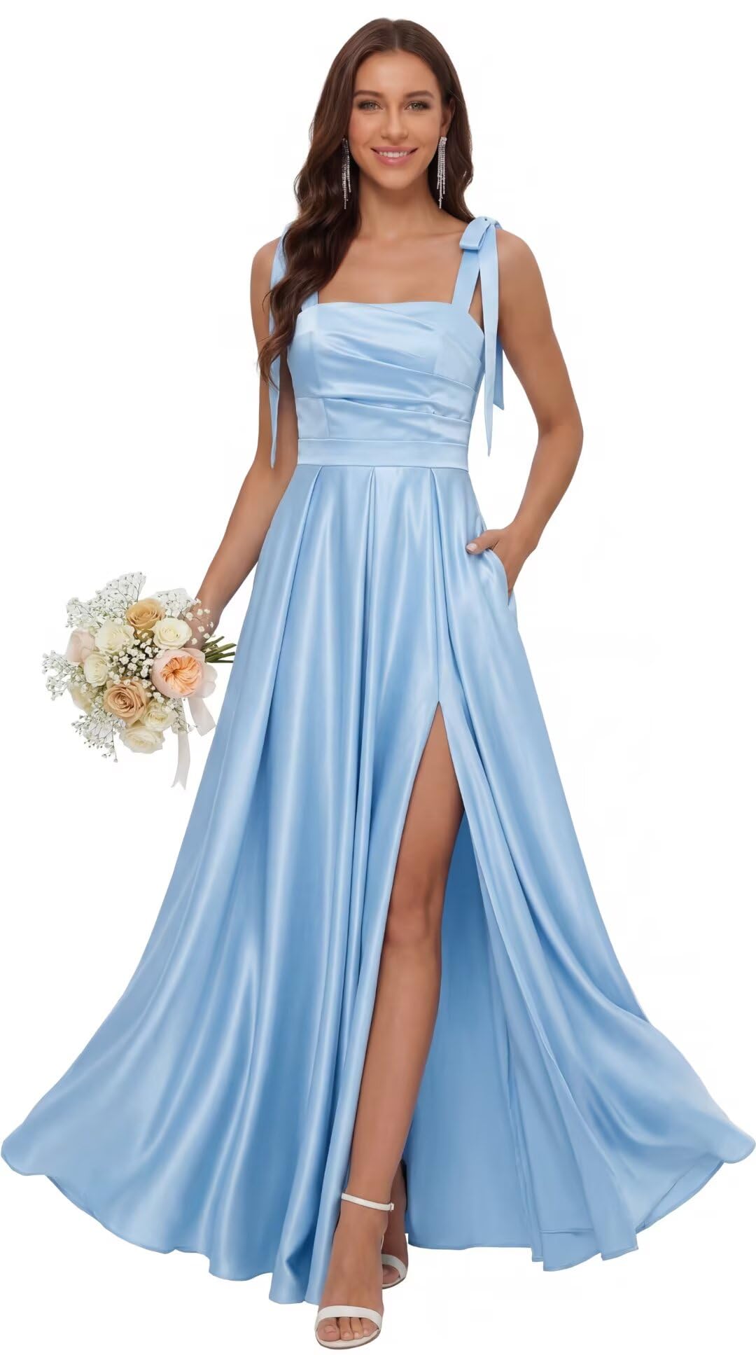 Satin Bridesmaid Dresses with Slit Spaghetti Straps Square Neck Long Formal Dress