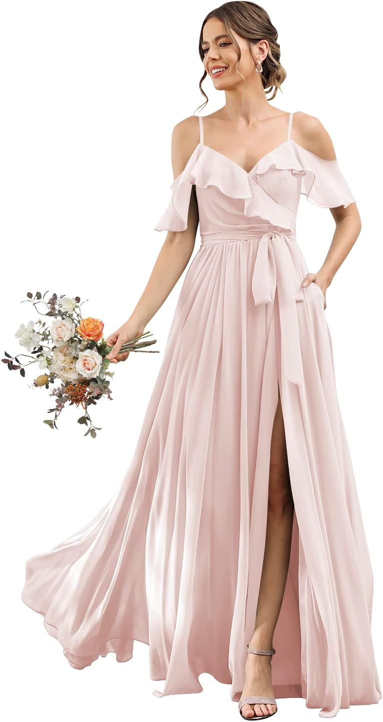Women's Bridesmaid Dresses with Slit Long Cold Shoulder Chiffon Formal Party Dress with Pockets