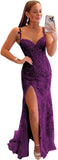 Women's Lace Mermaid Prom Dresses Long with Slit Mermaid Spaghetti Straps Backless Formal Evening Gowns