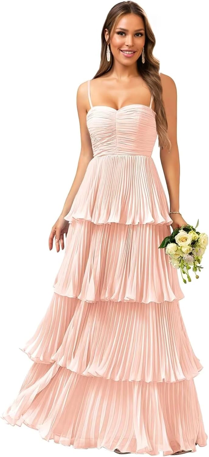 Tiered Ruffle Bridesmaid Dresses for Women Spaghetti Straps Long Chiffon Formal Evening Prom Gowns