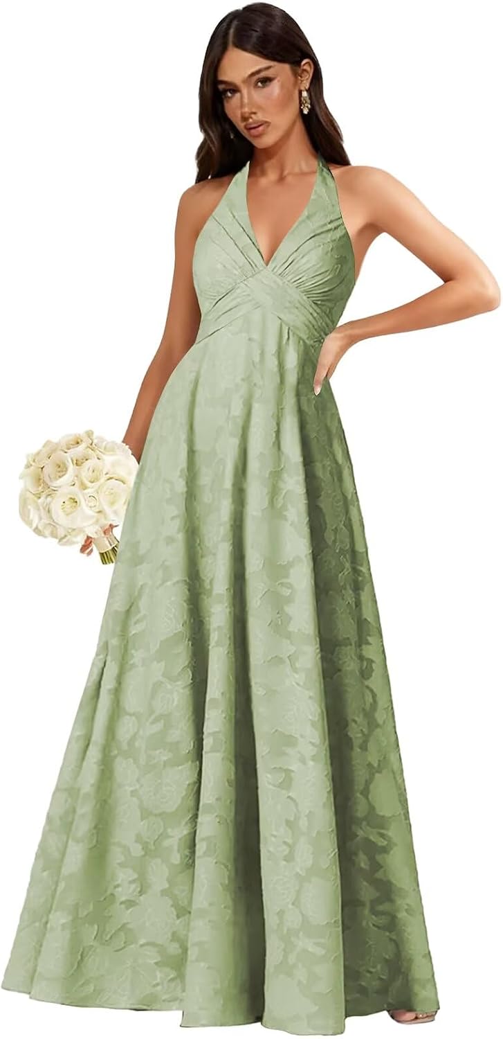 Floral Lace Bridesmaid Dresses for Women Long V Neck A-Line Open Back Halter Formal Evening Gown