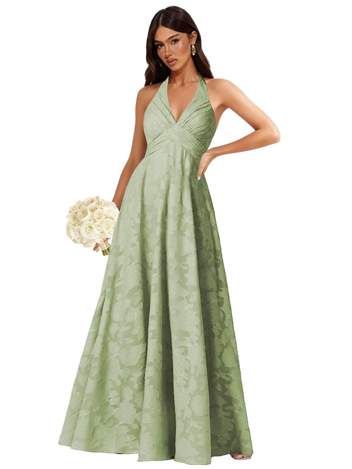 Floral Lace Bridesmaid Dresses for Women Long V Neck A-Line Open Back Halter Formal Evening Gown