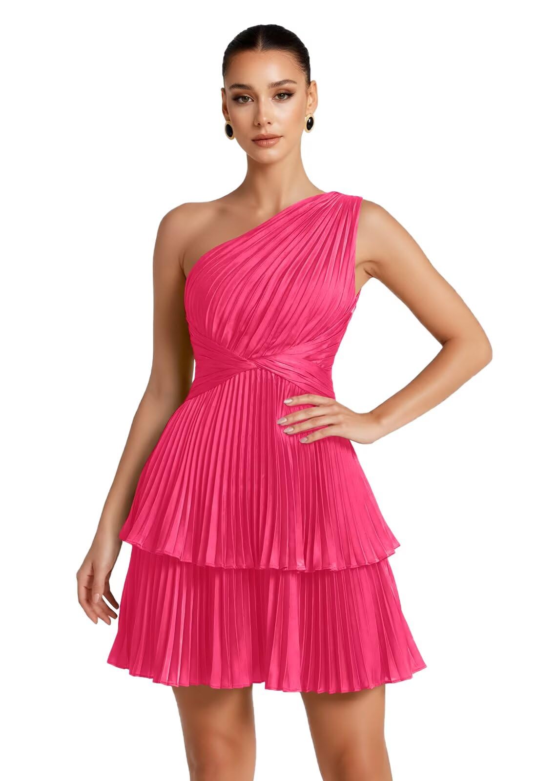 One Shoulder Satin Homecoming Dresses for Teens 2026 Short A-line Prom Dress Pleated Tiered Cocktail Party Gowns