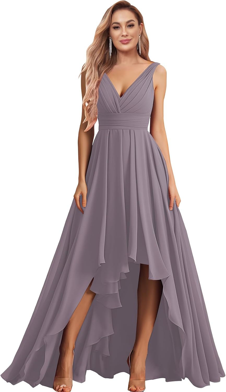 Vestidos de dama de honor con escote en V para mujer, para boda, con bolsillos, de gasa fruncida, largos, formales, para fiesta de graduación y noche.