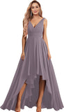 Vestidos de dama de honor con escote en V para mujer, para boda, con bolsillos, de gasa fruncida, largos, formales, para fiesta de graduación y noche.