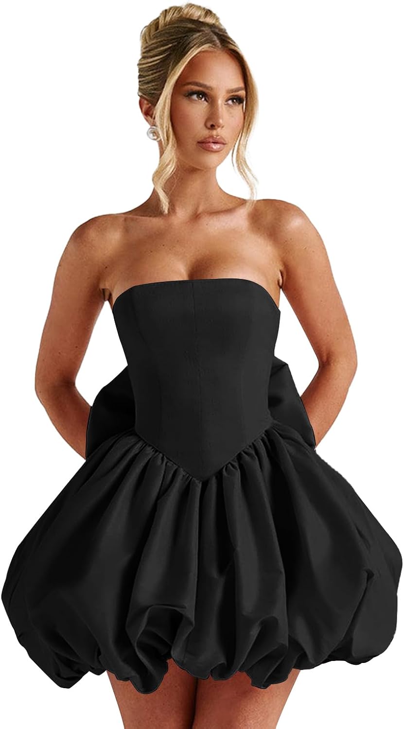 Satin Flower Bud Homecoming Dress Short Prom Dress with Bow Strapless A Line Mini Cocktail Party Gown