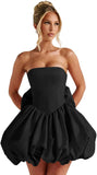 Satin Flower Bud Homecoming Dress Short Prom Dress with Bow Strapless A Line Mini Cocktail Party Gown