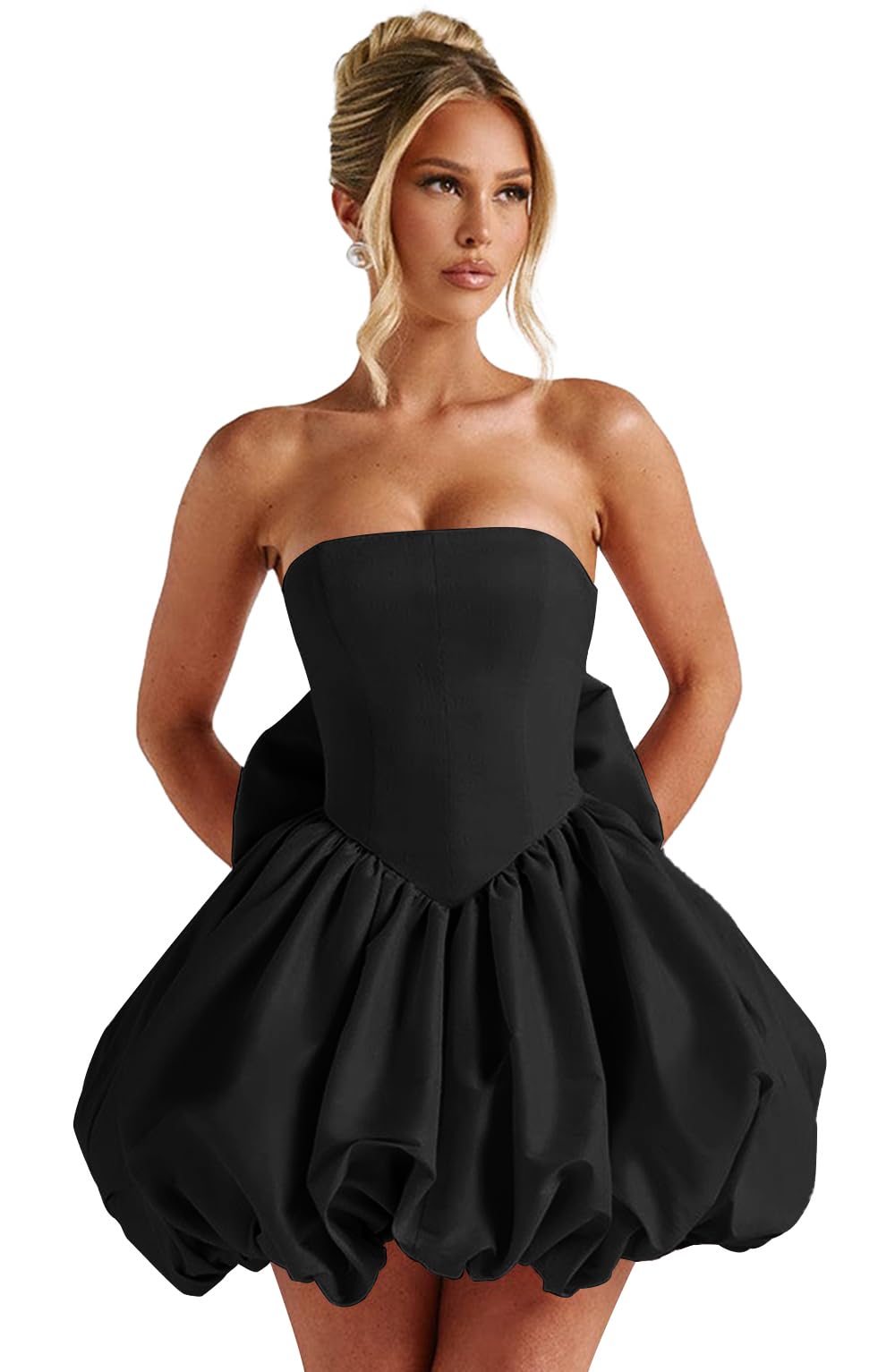 Satin Flower Bud Homecoming Dress Short Prom Dress with Bow Strapless A Line Mini Cocktail Party Gown
