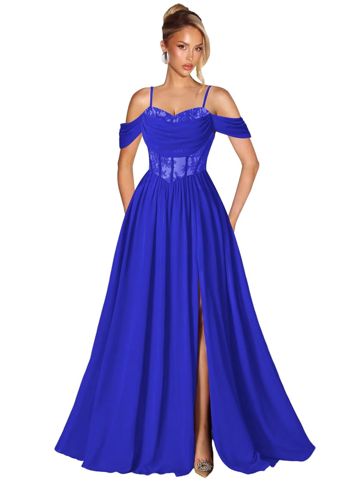 Off Shoulder Lace Applique Prom Dress with Slit A Line Ball Gown Pleated Corset Long Formal Evening Dresses