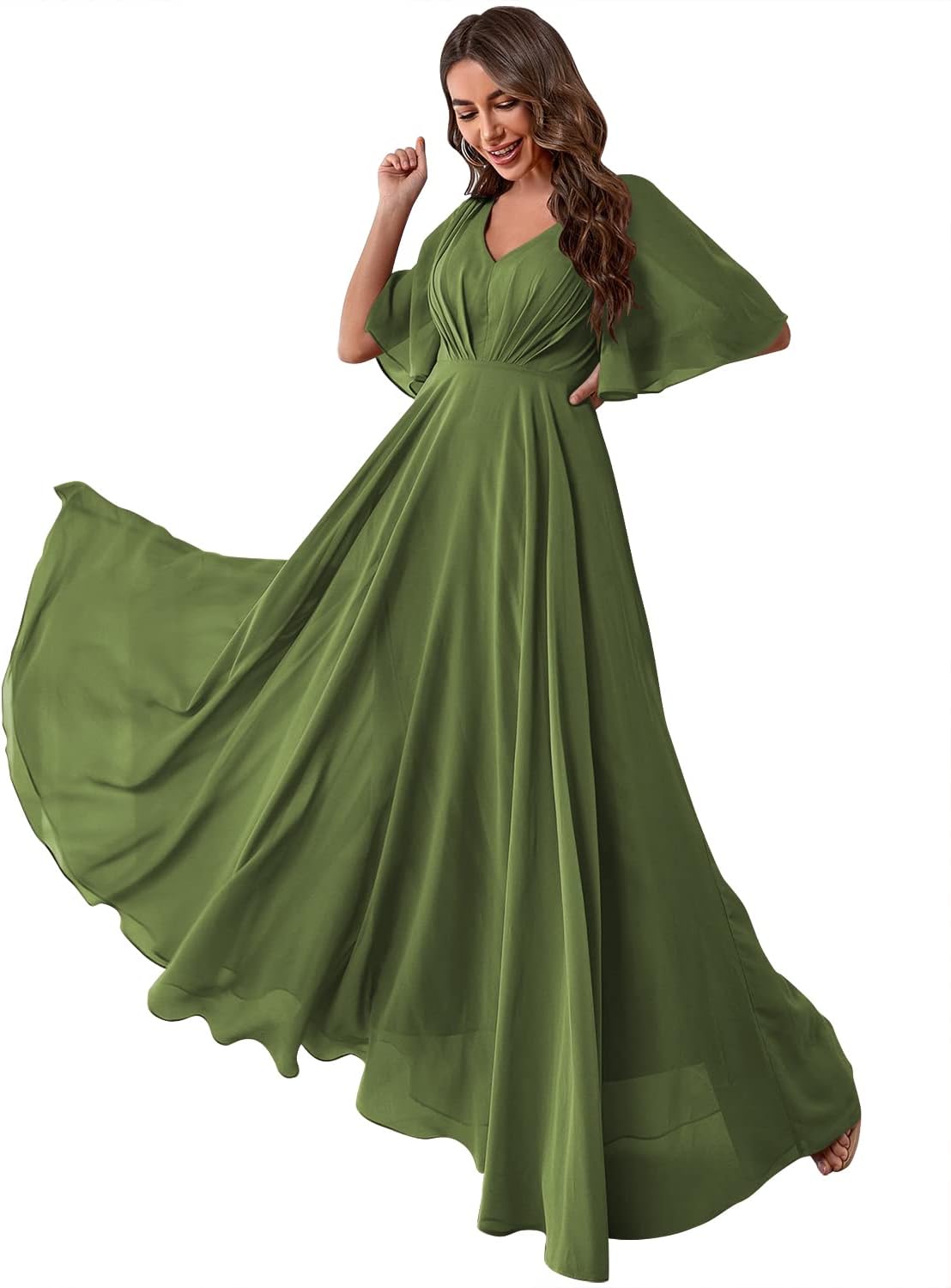 Women's Batwing Sleeve Chiffon Bridesmaid Dresses with Pockets V Neck Long Formal Evening Dress