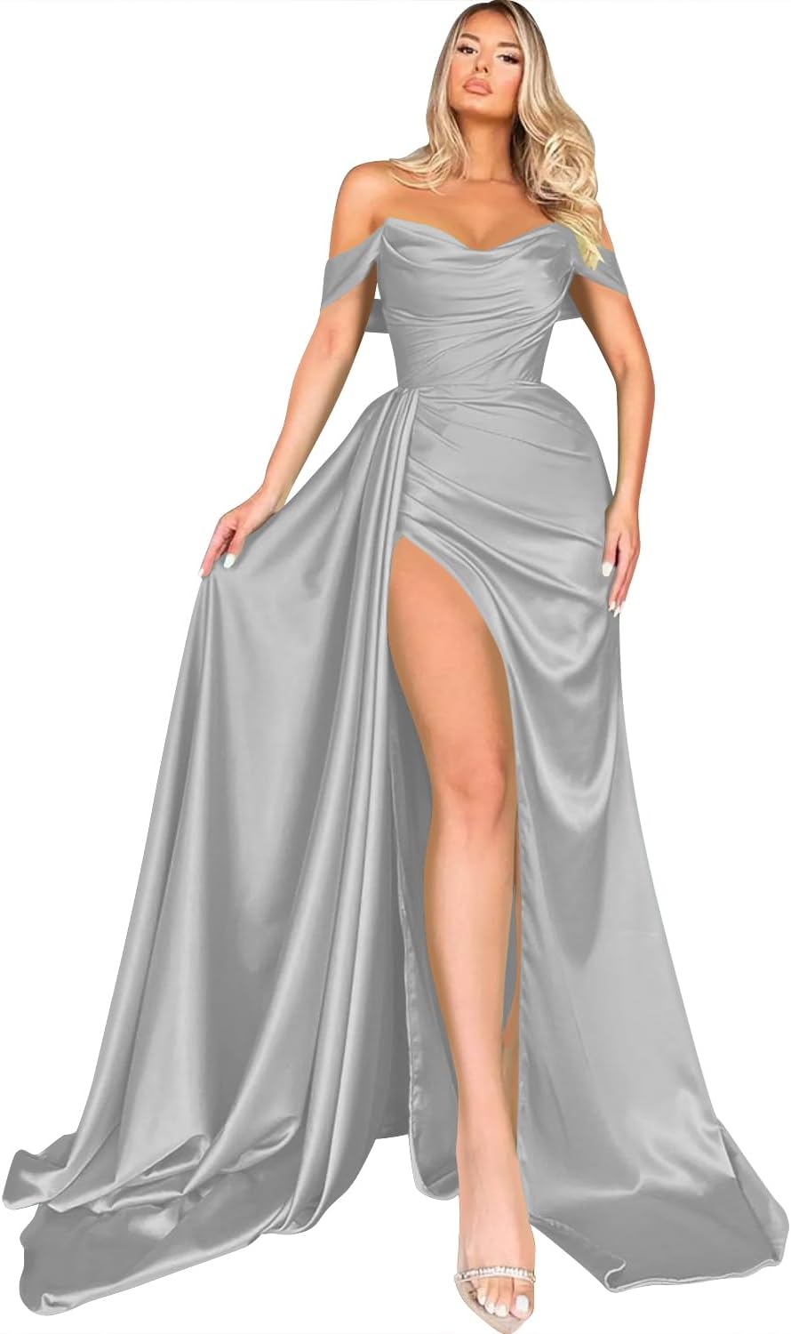 Women's Off Shoulder Mermaid Prom Dresses Long with Slit Pleates Wrap Satin Formal Evening Gowns