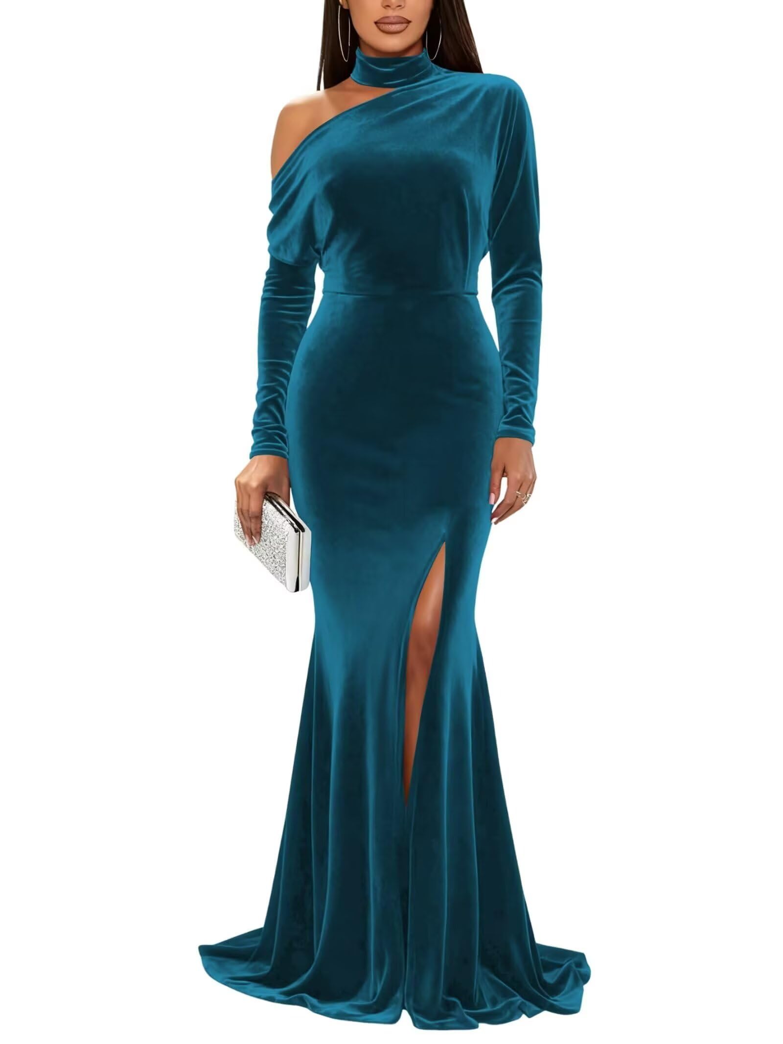 Mermaid Velvet Prom Dresses with Slit 2027 Long Sleeve Formal Dress for Women One Shoulder Evening Party Gowns