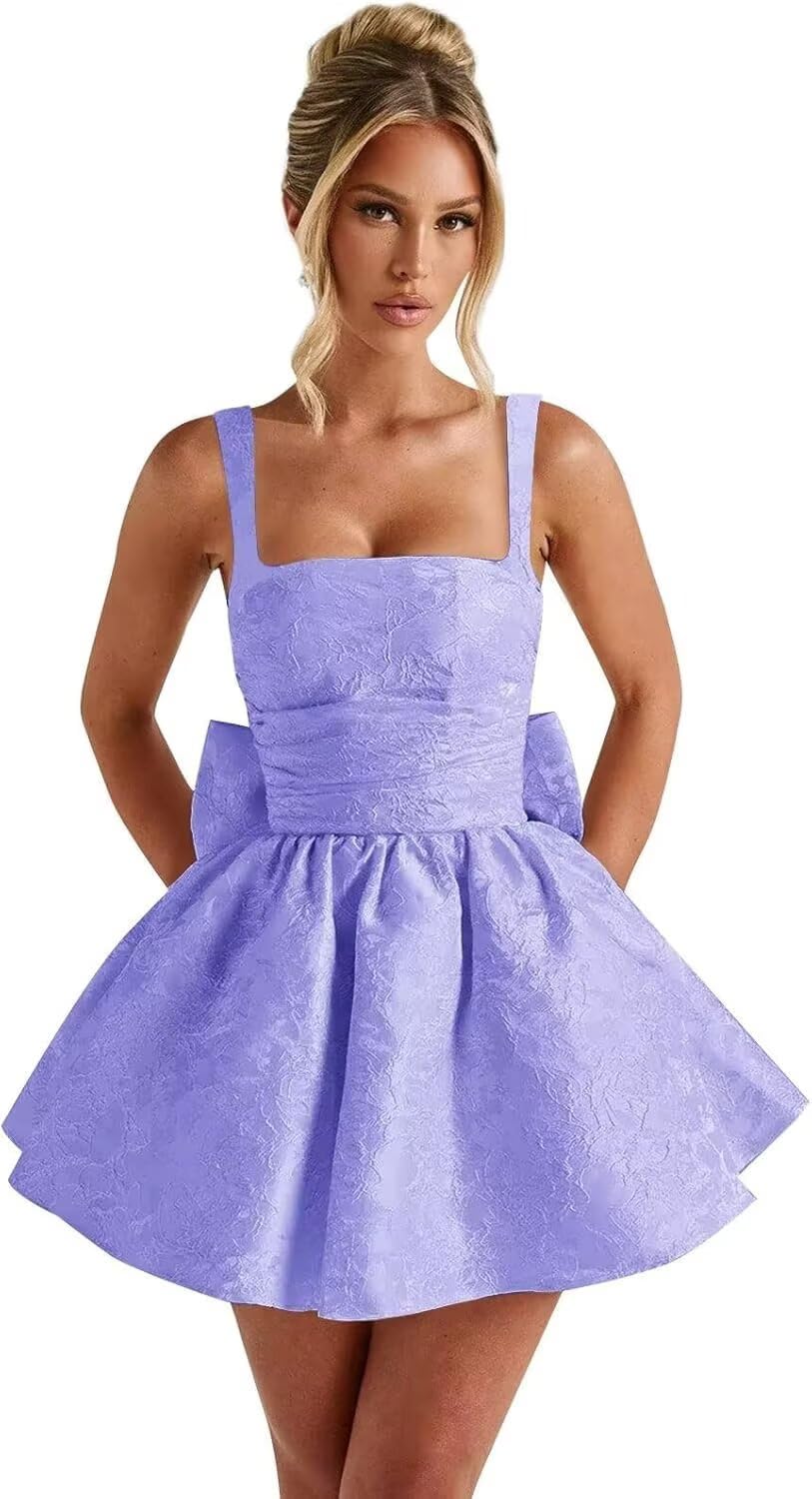 Jacquard Satin Homecoming Dresses for Teens Spaghetti Straps Short Prom Dress A-line Cocktail Party Gowns with Bow